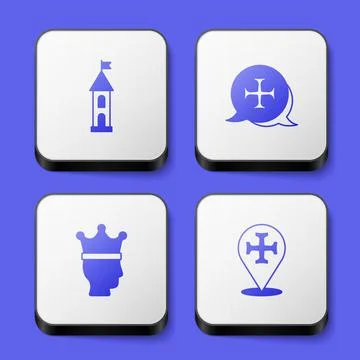 Set Castle tower, Crusade, King crown and icon. White square button. Vector Ilustración de archivo