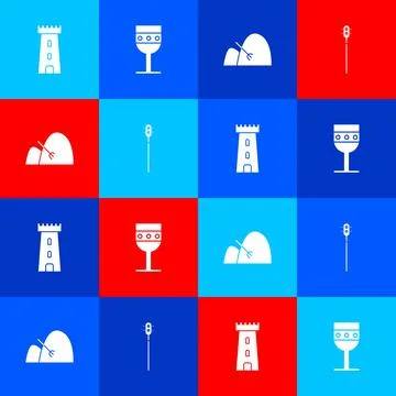 Set Castle tower, Medieval goblet, Bale of hay and rake and chained mace ball Illustrazione stock