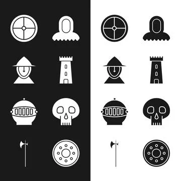 Set Castle tower, Medieval iron helmet, Round wooden shield, hood, Skull, and Ilustración de archivo