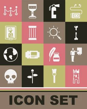 Set Castle tower, Museum guide, Human broken bone, Fire extinguisher, Ancient Illustrazione stock