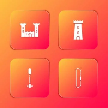 Set Castle, tower, Torch flame and Medieval bow icon. Vector Stock Illustration