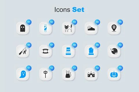 Set Castle, Vampire teeth, Candy, Ghost, Pumpkin, Moon stars,  and Bottle w.. Illustrazione stock