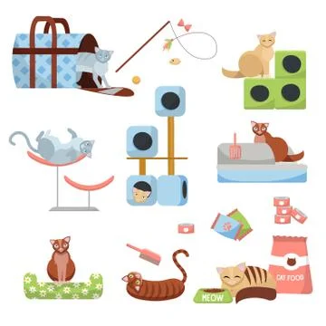 Set of Cat accessories cats scratching post, house, bed, food , toilet, slipp Stock Illustration