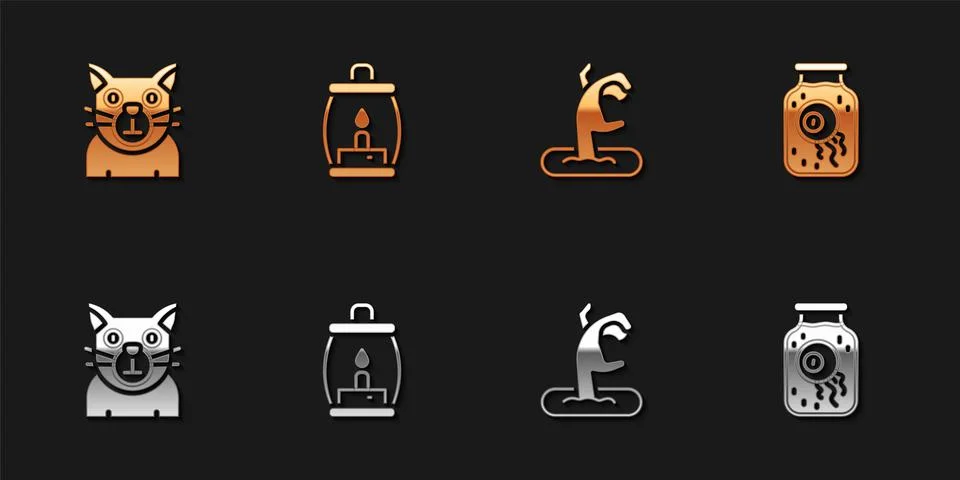 Set Cat, Camping lantern, Zombie hand and Eye jar icon. Vector Stock Illustration