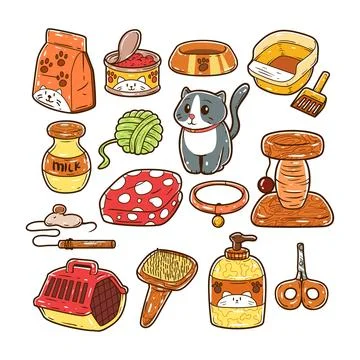 Set of cat care hand-drawn vector illustration Stock Illustration