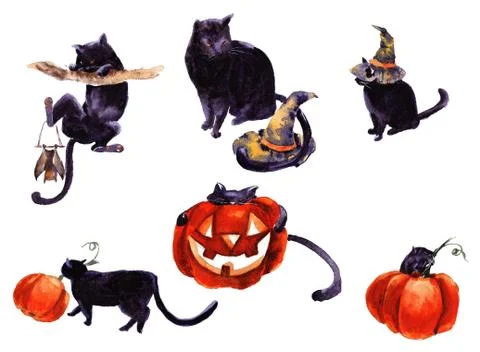 Set Of Cat Cartoon With Different Actions, Halloween Stock Illustration