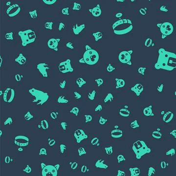 Set Cat, Collar with name tag, Frog and Bear head on seamless pattern. Vector Stock Illustration
