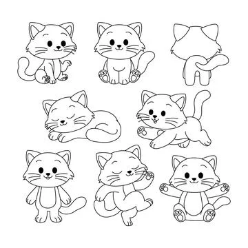 Set of cat doodle collection, cat outline coloring page or book animals for.. Stock Illustration