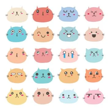 Set of cat face emoticons, Cute cat character design. Vector illustration. Stock Illustration