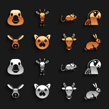 Set Cat, Macaw parrot, Rabbit, Cow head, Rat, Goose bird and Giraffe icon Illustrazione stock