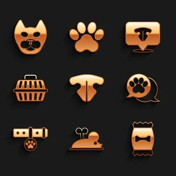 Set Cat nose, Clockwork mouse, Bag of food for pet, Paw print, Collar with name 스톡 일러스트