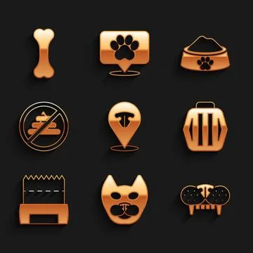 Set Cat nose, tooth, Pet carry case, Dog shit in bag, No, food bowl and bon.. Illustrazione stock