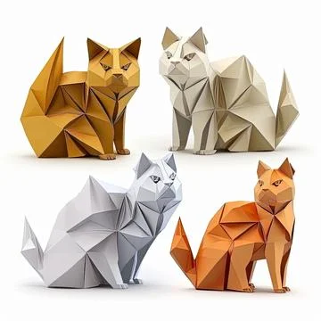 Set of Cat Origami, white background, Made by AI,Artificial intelligence Stock Illustration