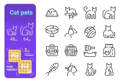 Set cat pets simple lines icons of animal pose. Stock-Illustration