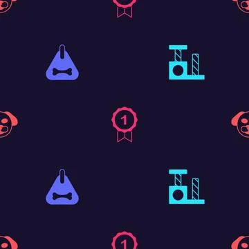 Set Cat scratching post, Dog collar, award symbol and  on seamless pattern... Stock Illustration