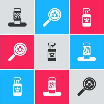 Set Cat scratching post, Flea search and Pet shampoo icon. Vector Stock Illustration