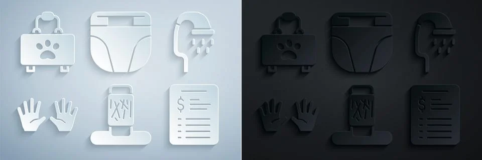 Set Cat scratching post, Pet shower, Medical rubber gloves, Grooming salon price Illustration