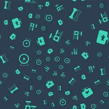 Set Cat scratching post with toy, Dog bone, Hamster wheel and Fish on seamless Illustration