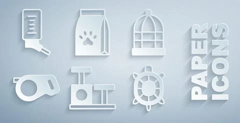 Set Cat scratching post with toy, Cage for birds, Retractable cord leash, Turtle Stock Illustration