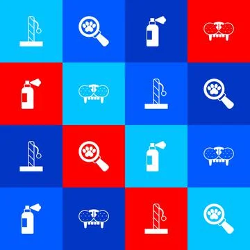 Set Cat scratching post, Veterinary clinic, Pet shampoo and tooth icon. Vector Illustration