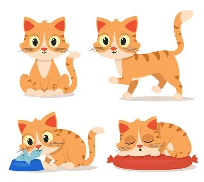 Set of cat sits, eats, walks and sleeps on a pillow on a white. Character pet Stock Illustration