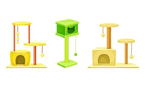 Set of cat tree house with scratching post and hanging balls. Pet supplies and Stock Illustration
