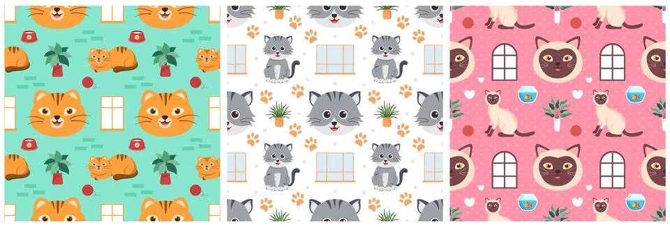 Set of Cats Animals Seamless Pattern Design with Cat Element in Template Ha.. Stock Illustration