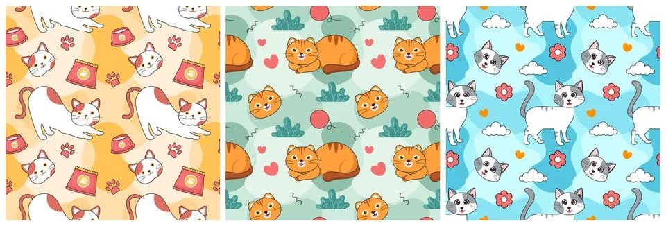 Set of Cats Animals Seamless Pattern Design with Cat Element in Template Ha.. Stock Illustration