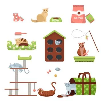 Set of cats care stuff: scratching post, house, bed, food , toilet, slipper,  Stock Illustration