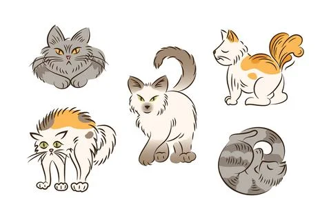 Set of cats in different poses in cartoon style. Fat cute cat lifestyle. Pets Illustrazione stock