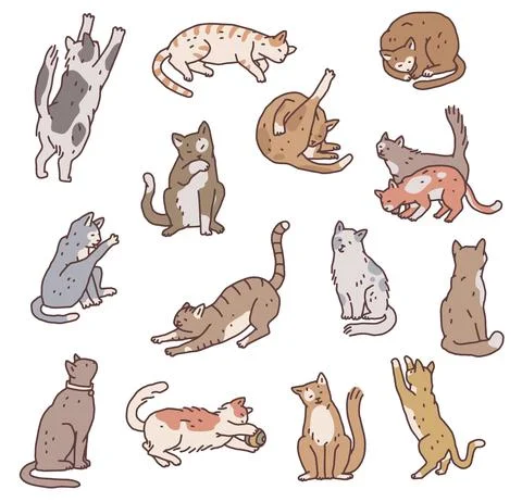 Set of cats in different poses. Not pedigreed pets outline doodle isolated Stock Illustration