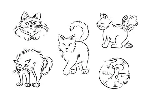 Set of cats in different poses in sketch style. Pets. The cat hisses, sleeps Illustrazione stock