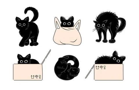 Set of cats. Hides in a bag and box, hisses, sleeps, hunts, walks. Fat cute cat Illustrazione stock