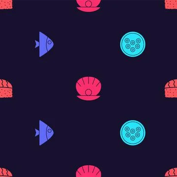 Set Caviar on a plate, Fish, Shell with pearl and Sushi on seamless pattern Illustrazione stock