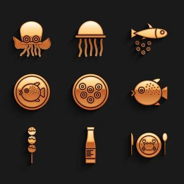 Set Caviar on a plate, Sauce bottle, Served crab, Puffer fish, Takoyaki sti.. Stock Illustration