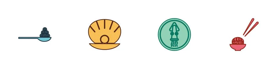 Set Caviar on a spoon, Shell with pearl, Octopus plate and Sushi icon. Vector Stock Illustration