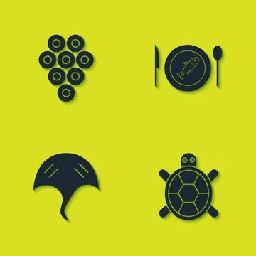 Set Caviar, Turtle, Stingray and Served fish on plate icon. Vector Illustrazione stock