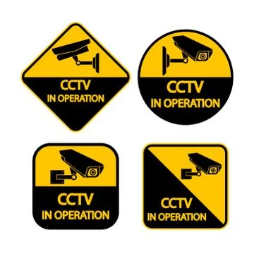 Set CCTV Camera label.Black Video surveillance sign on white background.vecto Stock Illustration