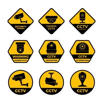 Set of CCTV warning label, cctv sign set collection. Attention in operation.. Stock Illustration