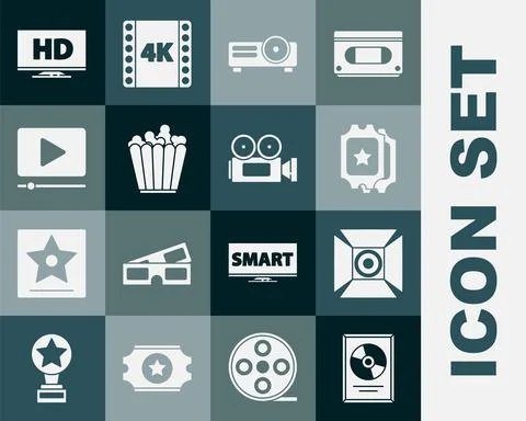 Set CD disk award in frame, Movie spotlight, Cinema ticket, Movie, film, media Illustrazione stock