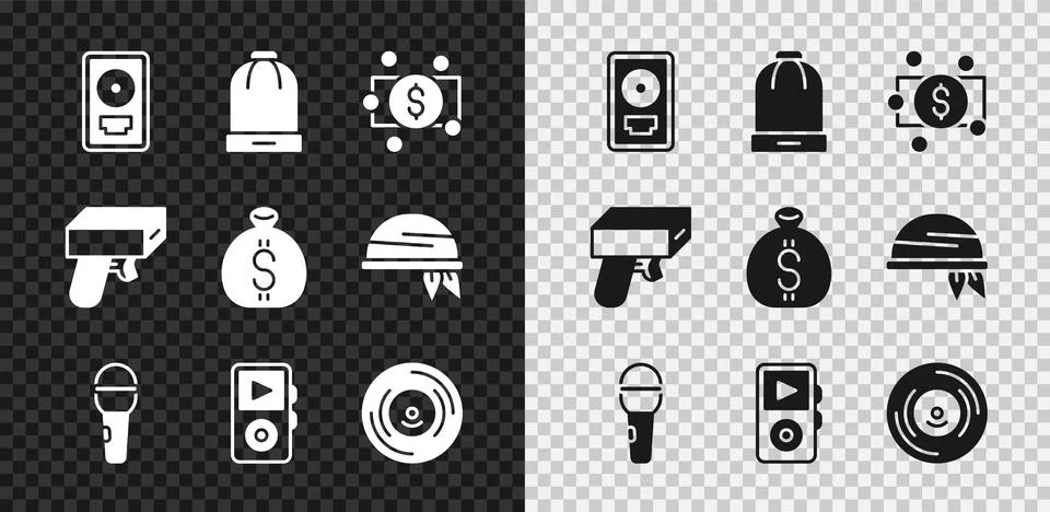 Set CD disk award in frame, Winter hat, Stacks paper money cash, Microphone Stock Illustration