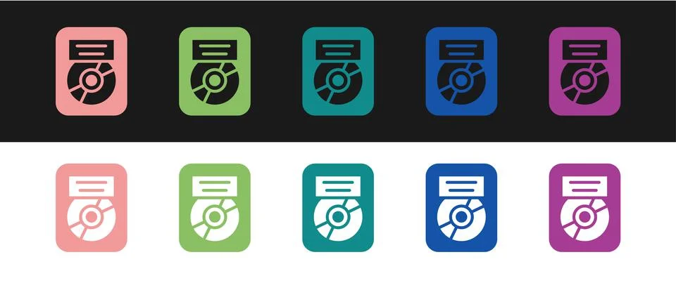 Set CD disk award in frame icon isolated on black and white background. Modern Stock-Illustration