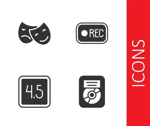 Set CD disk award in frame, Comedy and tragedy masks, Rating movie and Record Stock Illustration