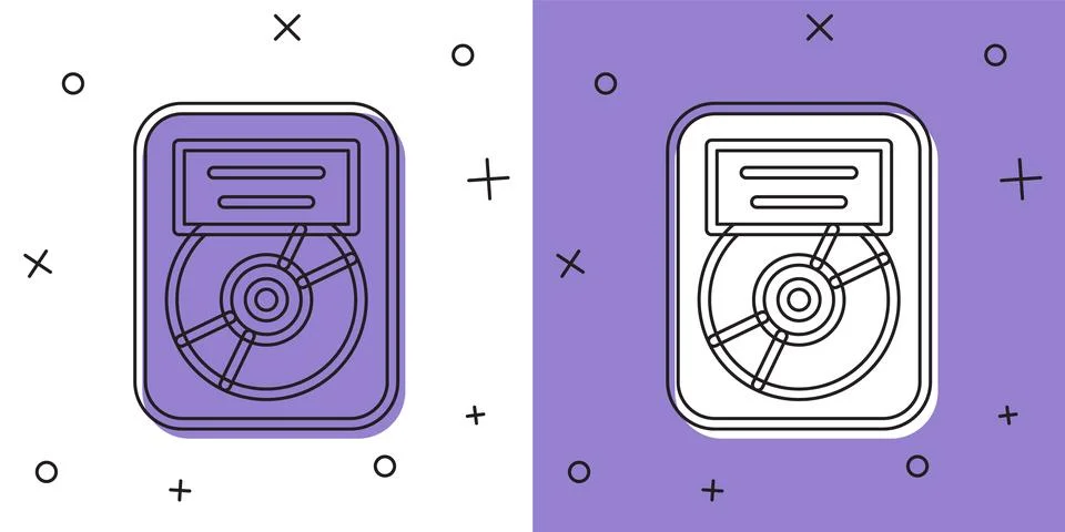 Set CD disk award in frame icon isolated on white and purple background. Modern Stock-Illustration