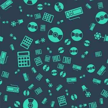 Set CD or DVD disk, Keyboard, Calculator and Flower in pot on seamless pattern Illustrazione stock