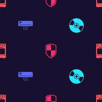 Set CD or DVD disk, Air conditioner, Shield and Oven on seamless pattern. Vector Stock Illustration