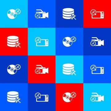 Set CD or DVD disk service, Video camera, Database server and Microwave oven Illustrazione stock