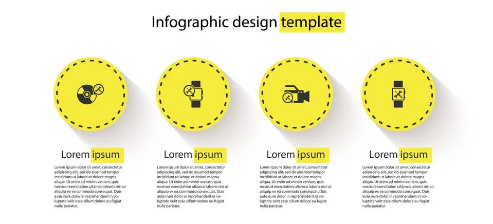 Set CD or DVD disk service, Smartwatch, Video camera and . Business infographic Stock Illustration