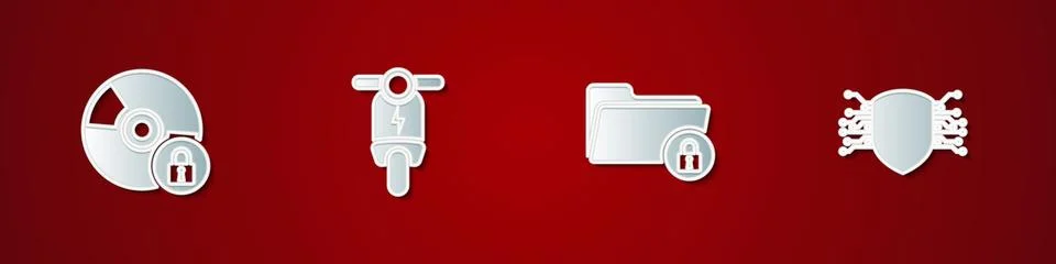 Set CD or DVD disk with lock, Electric scooter, Folder and and Cyber security Stock-Illustration