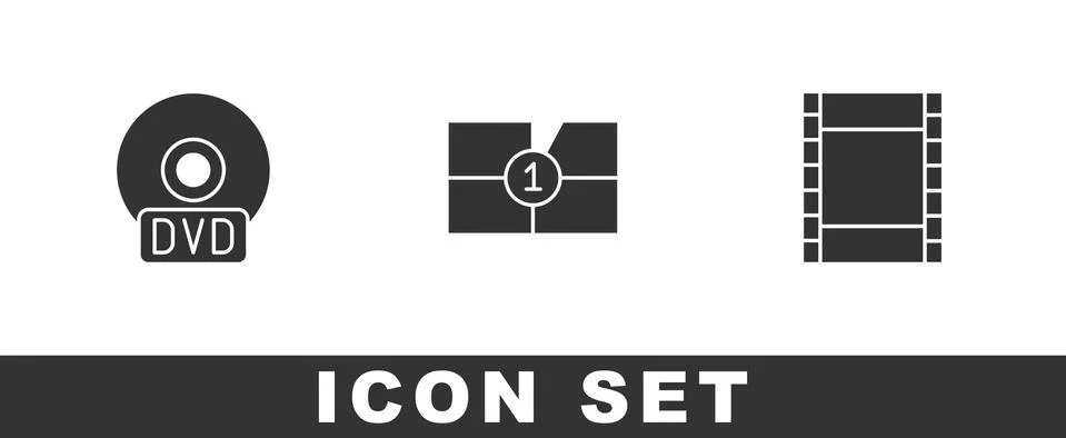 Set CD or DVD disk, Old film movie countdown frame and Play Video icon. Vector Stock Illustration